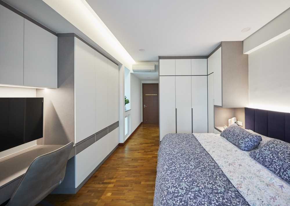 Scandinavian Bedroom with Wood Flooring and Wardrobe