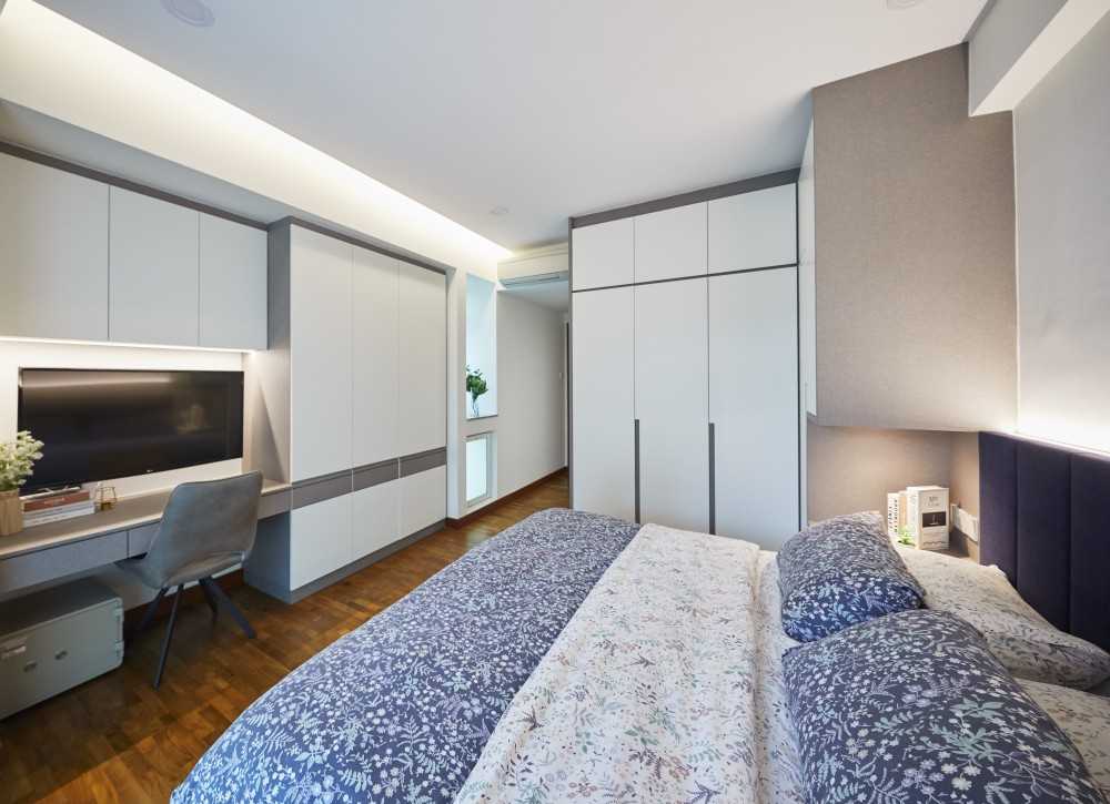 Scandinavian Bedroom with Wood Flooring and Wardrobe