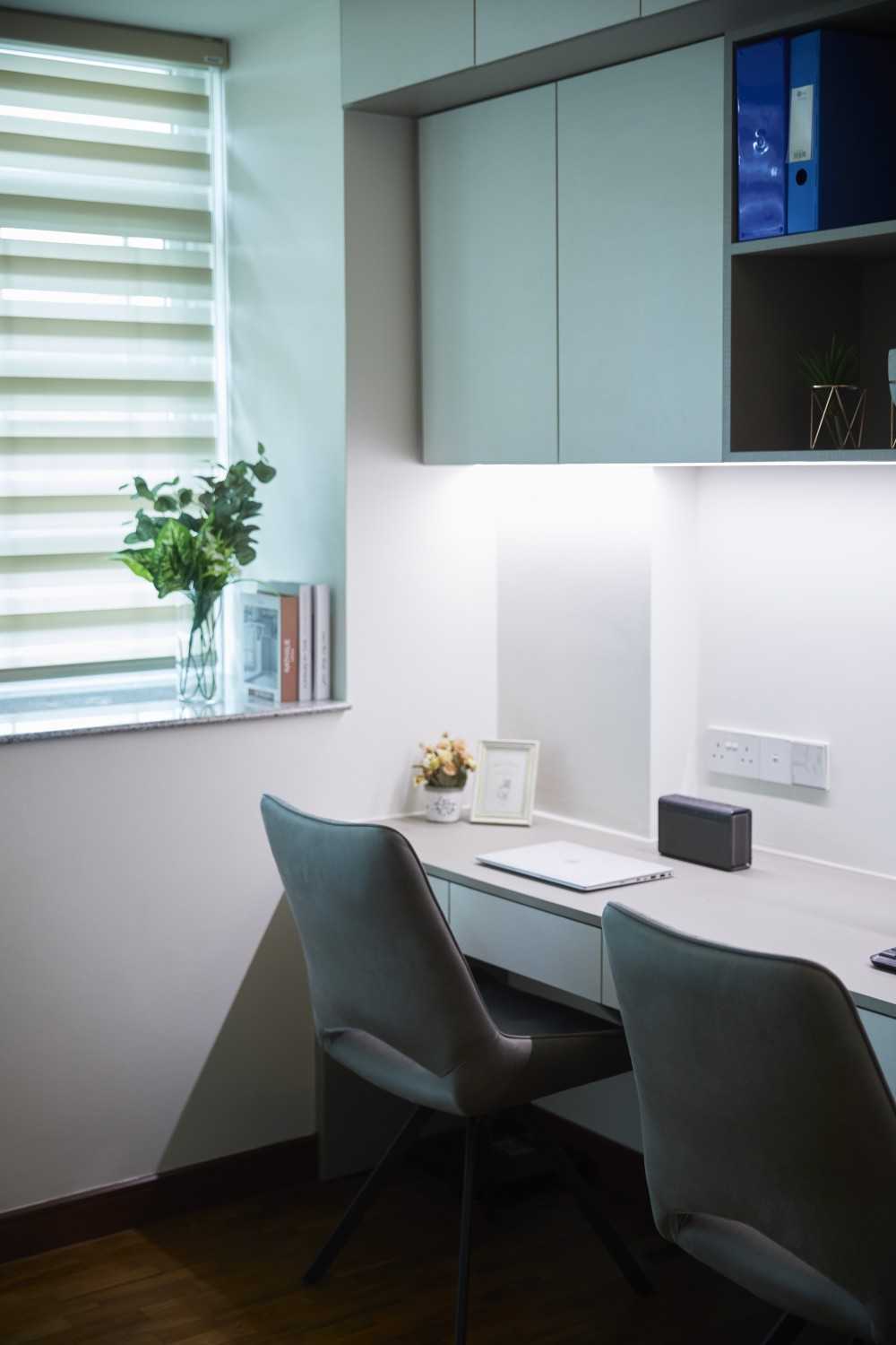 Scandinavian Study with Bay Window and Storage Cabinets