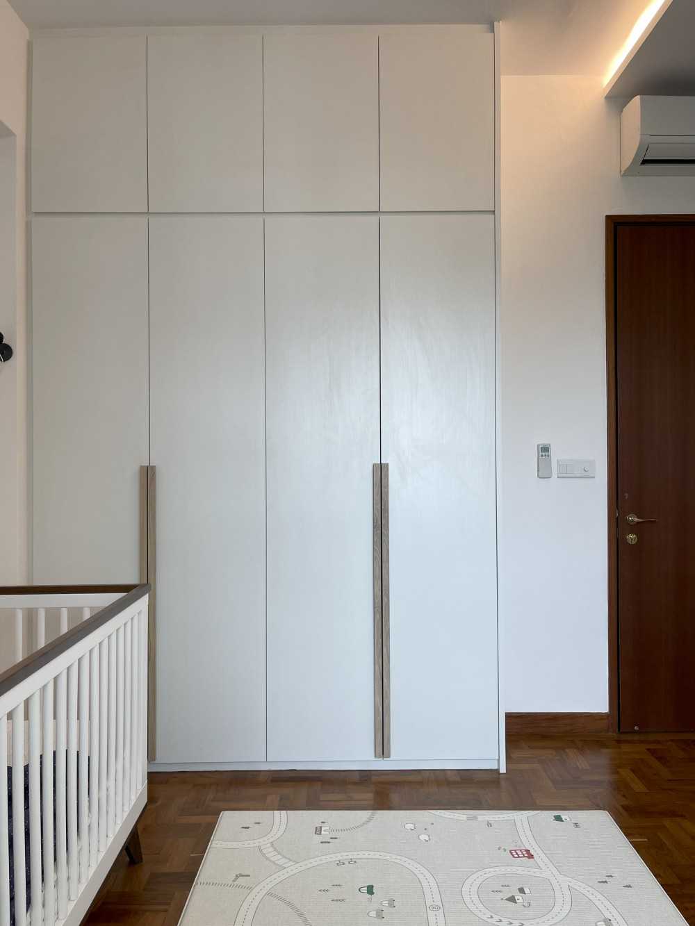 Scandinavian Kids Room with Wood Flooring and Wardrobe