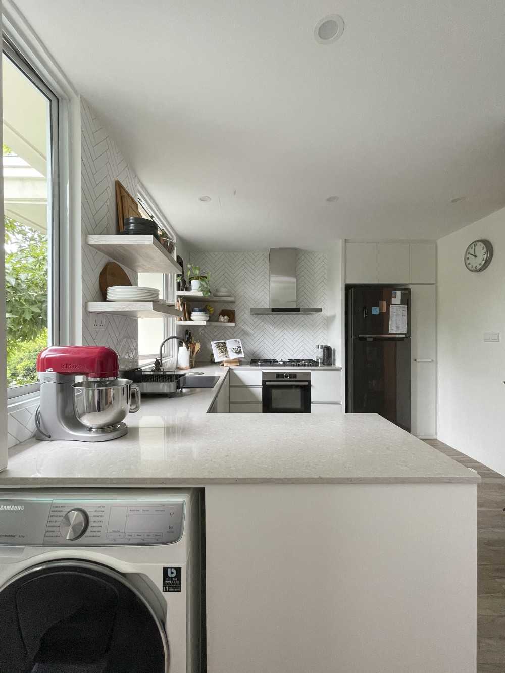 Scandinavian Kitchen with Washing Machine and Kitchen Accessories