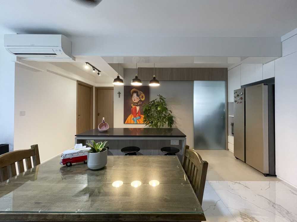 Scandinavian Dining Room with Dining Table and Storage Cabinets