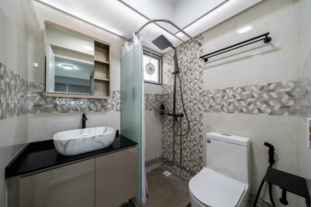 Contemporary Bathroom with Wood Flooring and Mirror