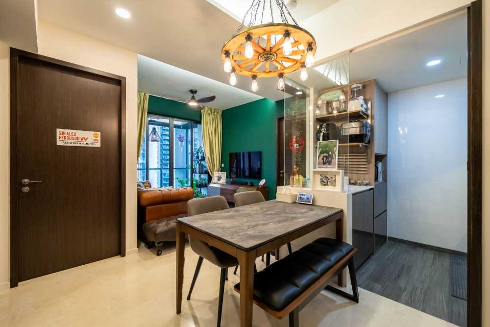 Industrial Dining Room with Cove Lighting and Drop Ceiling