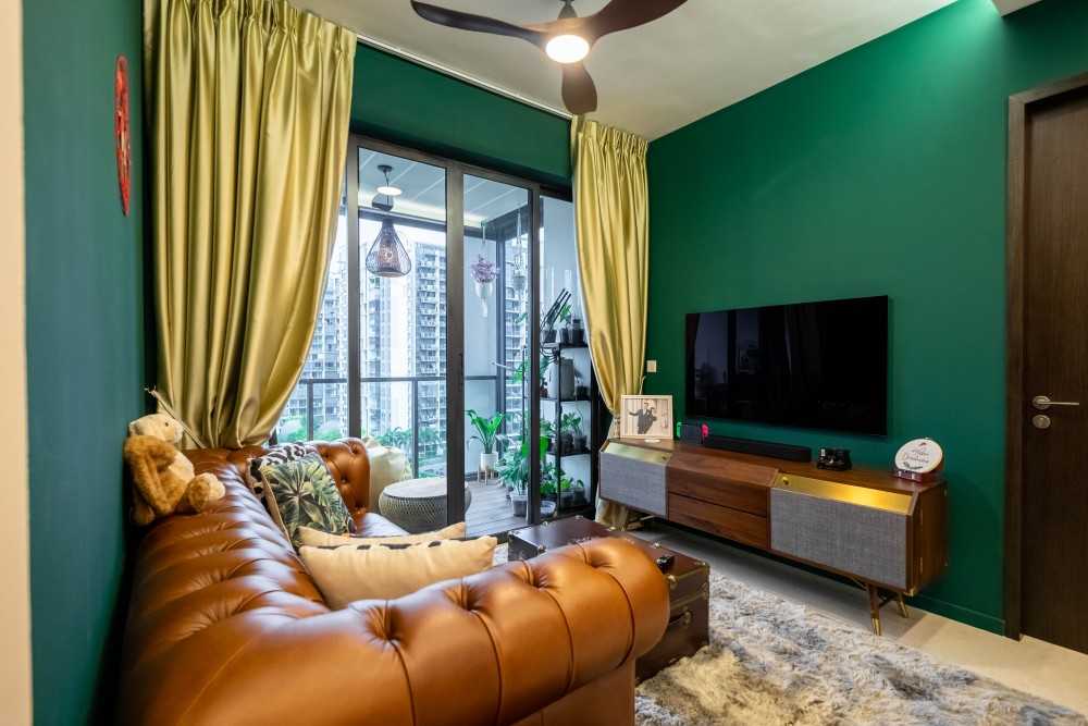 Industrial Living Room with TV Console and Feature Wall