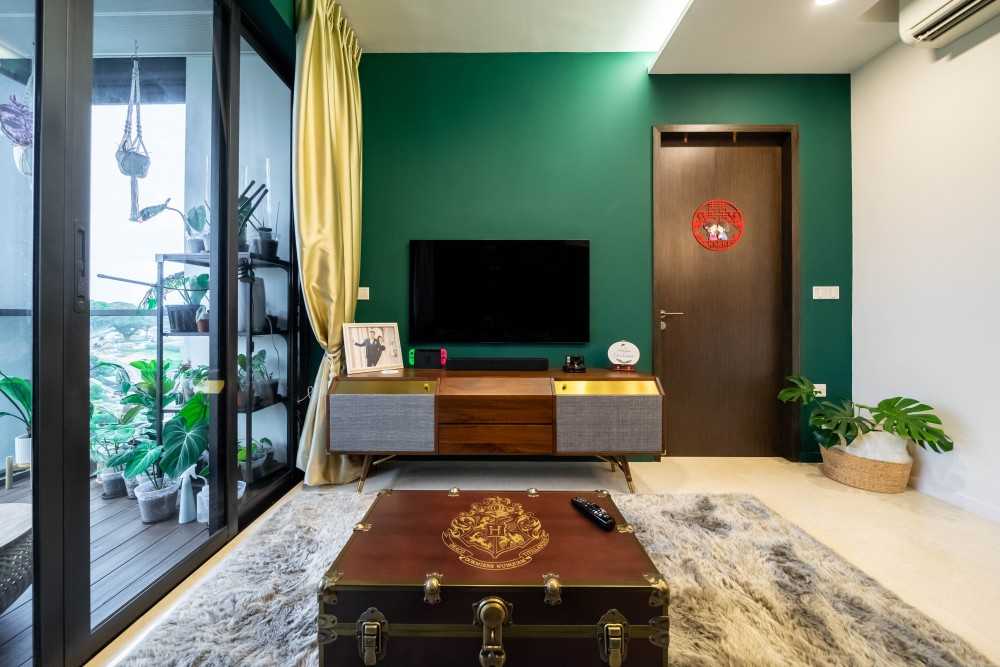 Industrial Living Room with TV Console and Feature Wall