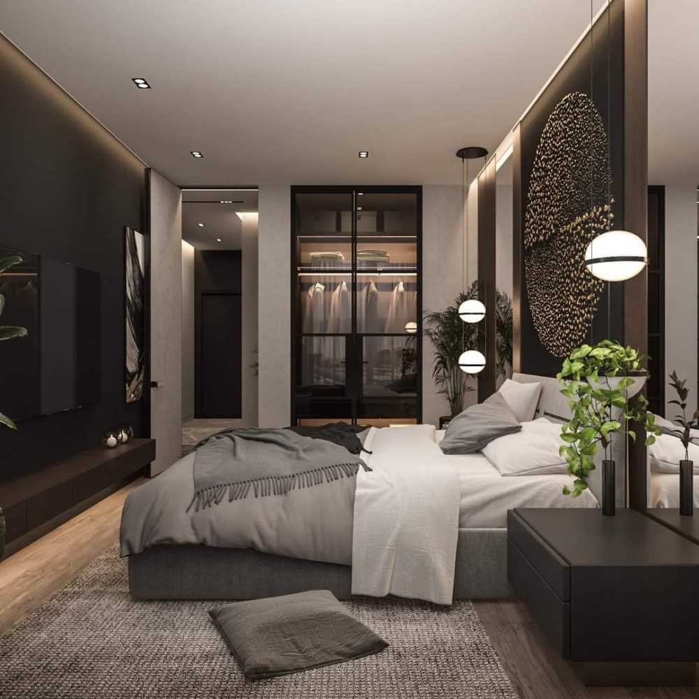 Contemporary Bedroom with Vinyl Flooring and Mirror
