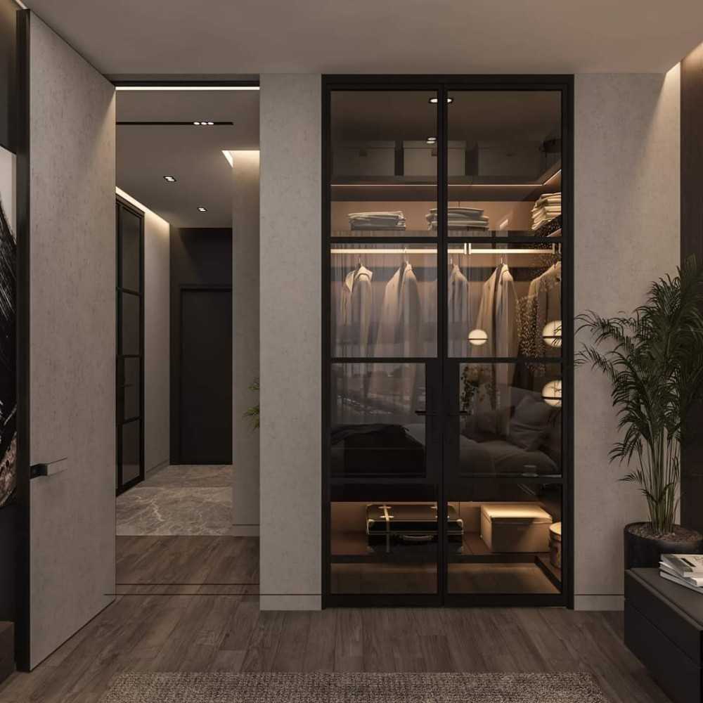 Contemporary Walk-in Wardrobe with Vinyl Flooring and Ceiling Light
