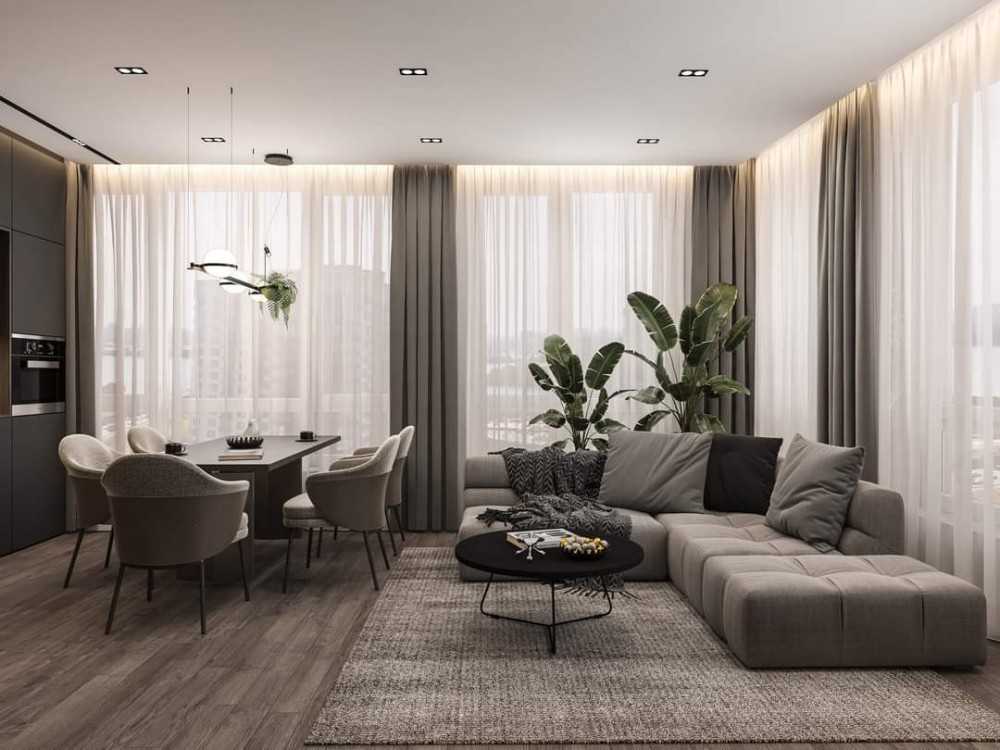 Contemporary Kitchen with Vinyl Flooring and Sofa