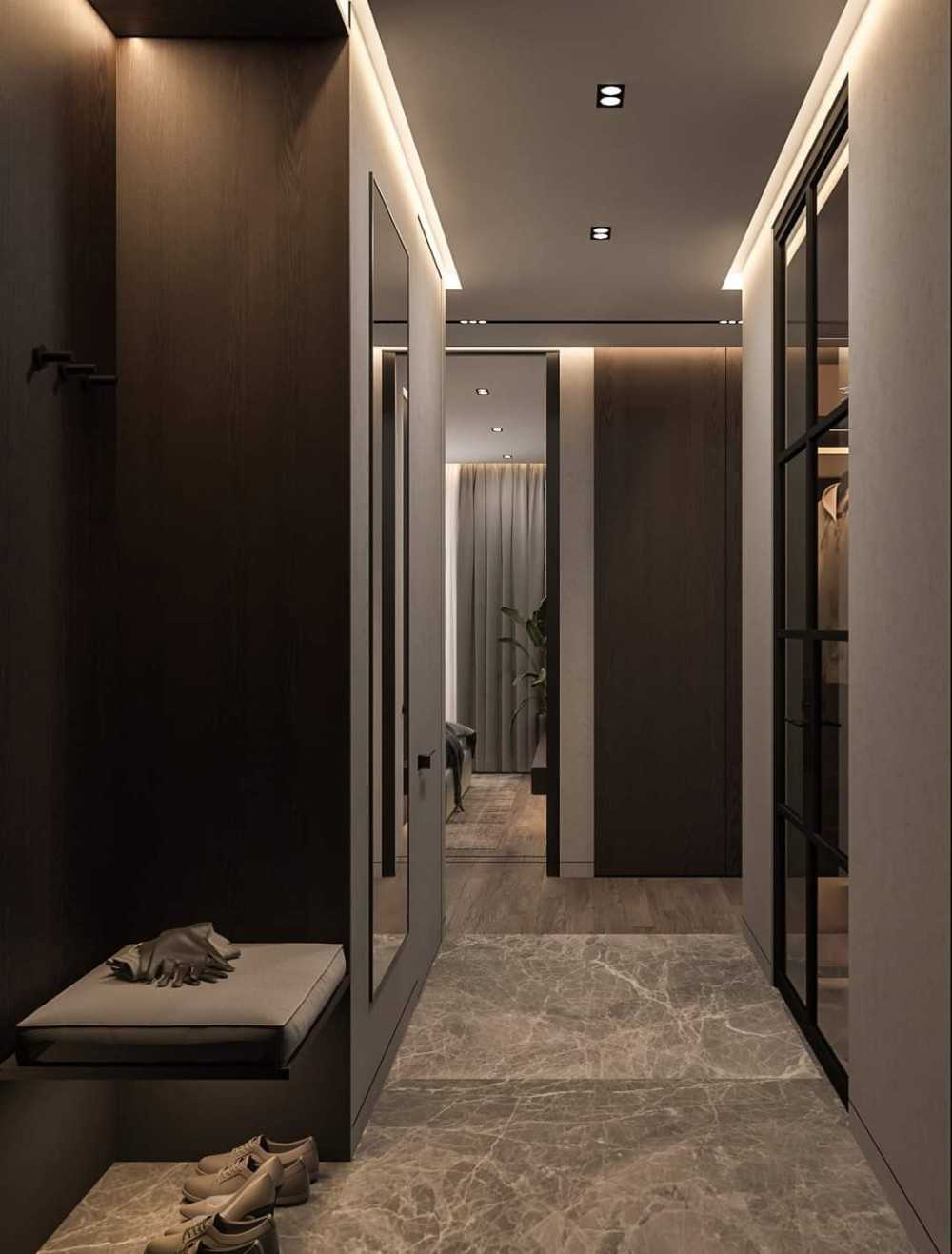 Contemporary Entryway with Marble Floor and Mirror
