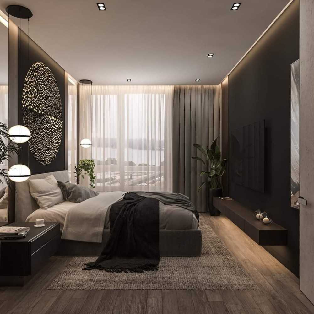 Contemporary Bedroom with Vinyl Flooring and TV Console