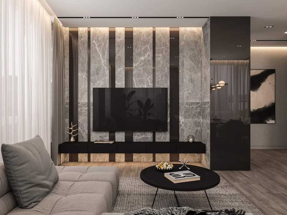 Contemporary Living Room with TV Console and Feature Wall