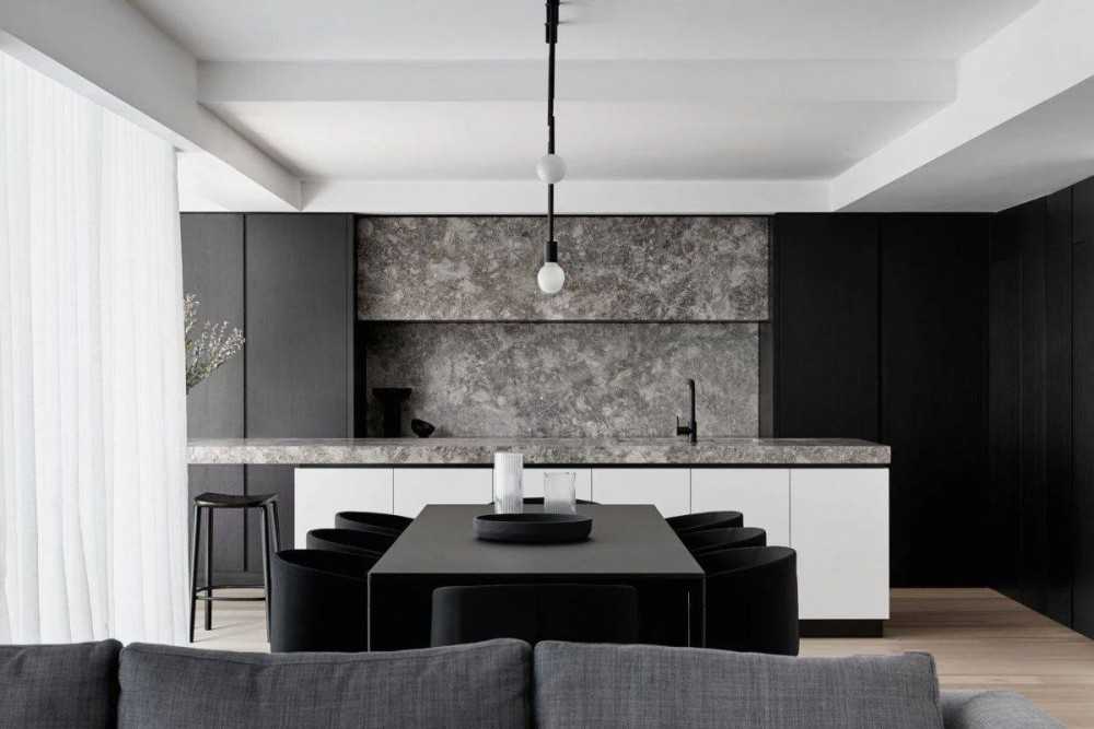 Contemporary Dining Room with Parquet Floor and Kitchen Island