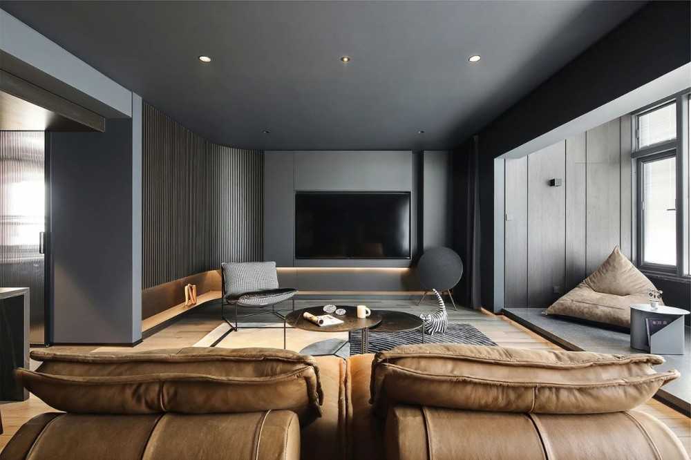 Contemporary Living Room with Parquet Floor and Feature Wall