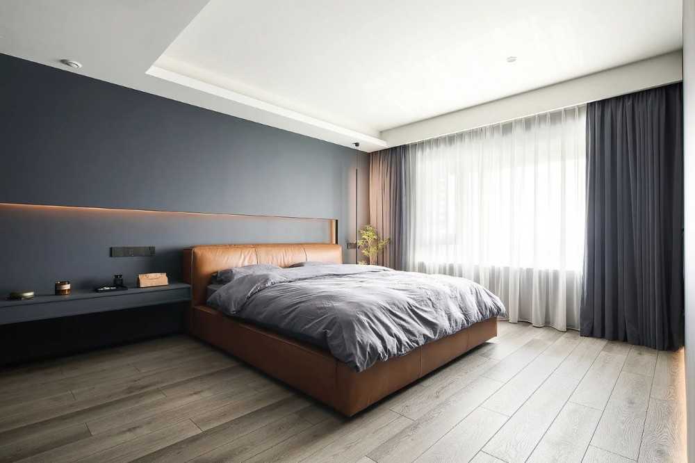 Contemporary Bedroom with Parquet Floor and Bedside Table