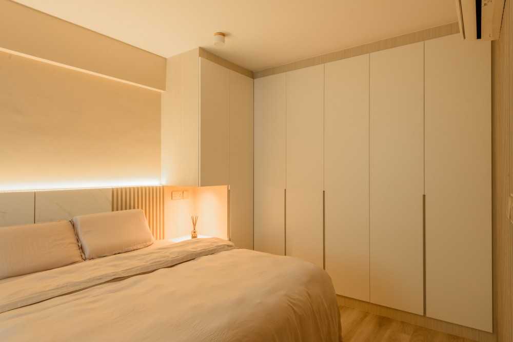 Scandinavian Bedroom with Platform Bed and Vinyl Flooring