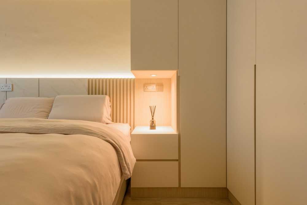 Scandinavian Bedroom with Platform Bed and Vinyl Flooring