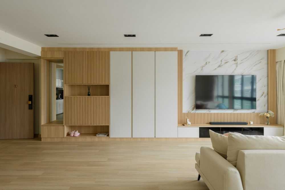 Scandinavian Living Room with Bookshelf and Settee