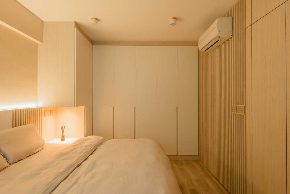 Scandinavian Bedroom with Platform Bed and Vinyl Flooring