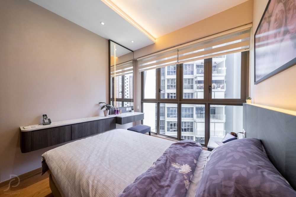 Contemporary Bedroom with Herringbone Tiling and Wood Flooring