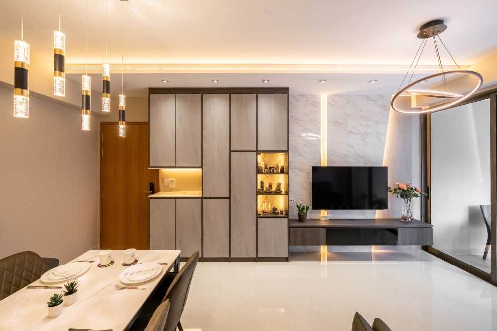 Contemporary Living Room with Homogeneous Tiles and TV Console