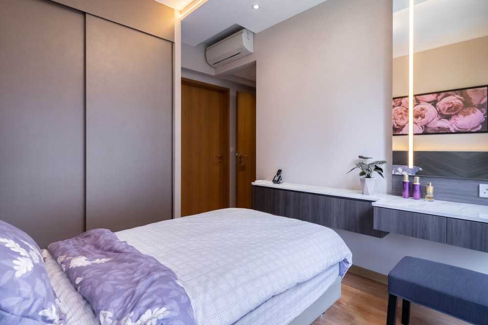 Contemporary Bedroom with Homogeneous Tiles and Ceiling Light