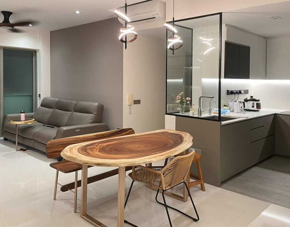 Scandinavian Dining Room with Dining Table and Paintings