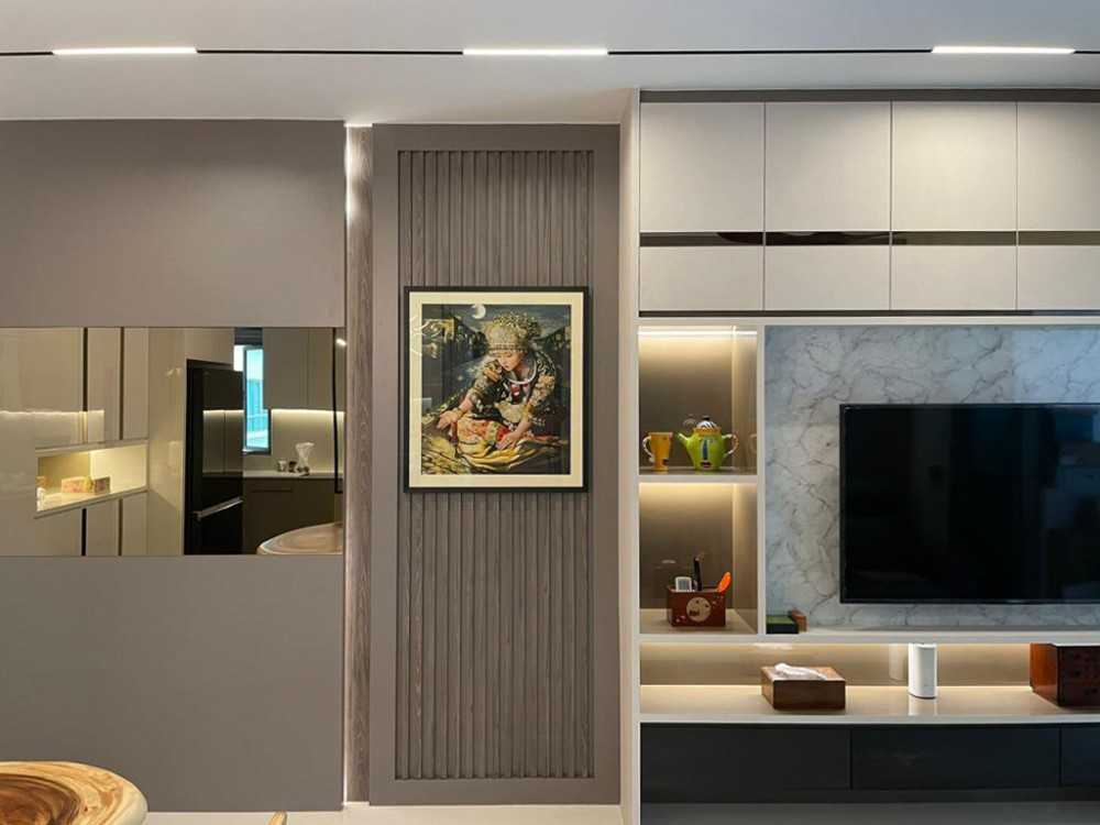 Scandinavian Living Room with TV Console and Paintings
