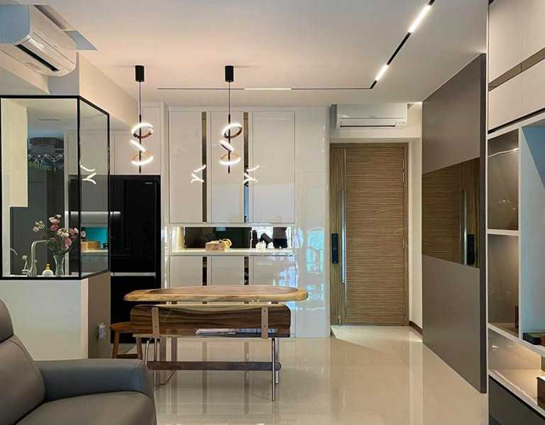 Scandinavian Dining Room with Drop Light and Dining Table