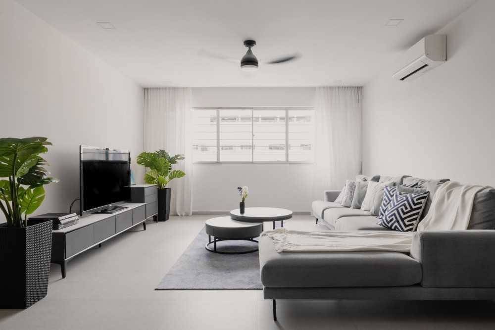 Modern Living Room with TV Console and Drop Ceiling