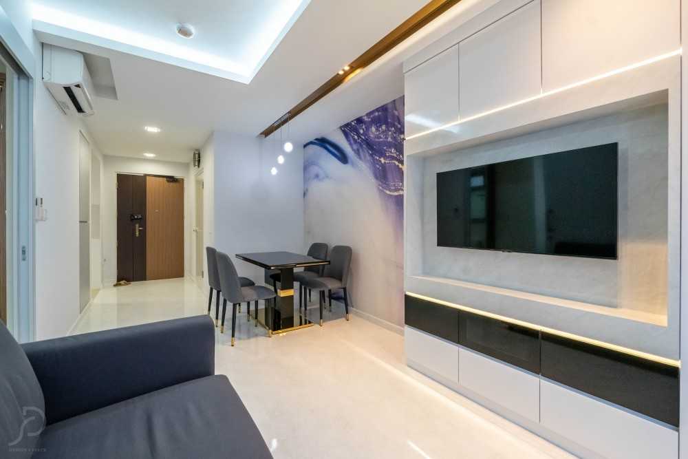Minimalist Living Room with Homogeneous Tiles and TV Console