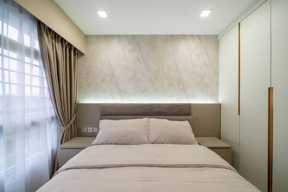 Minimalist Bedroom with Wood Flooring and Drop Ceiling