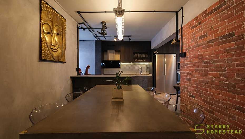 Industrial Dining Room with Cove Lighting and Dining Table