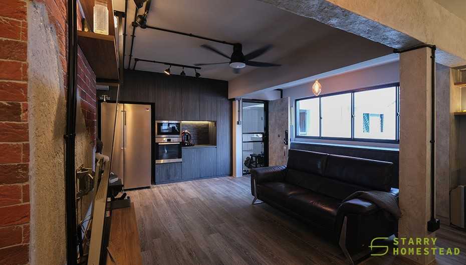 Industrial Living Room with Feature Wall and Sofa