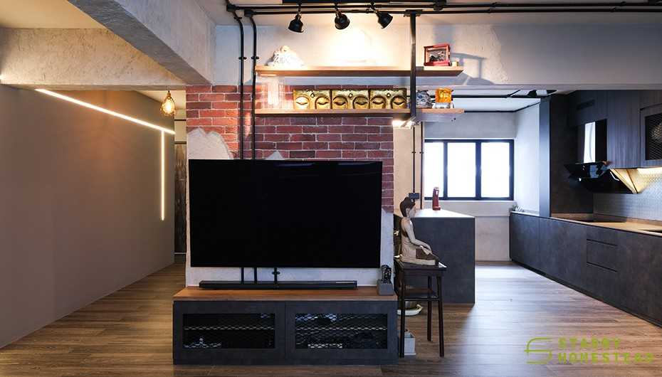 Industrial Living Room with TV Console and TV
