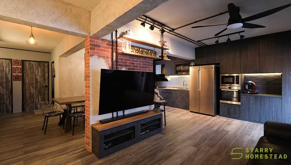 Industrial Living Room with TV Console and Feature Wall