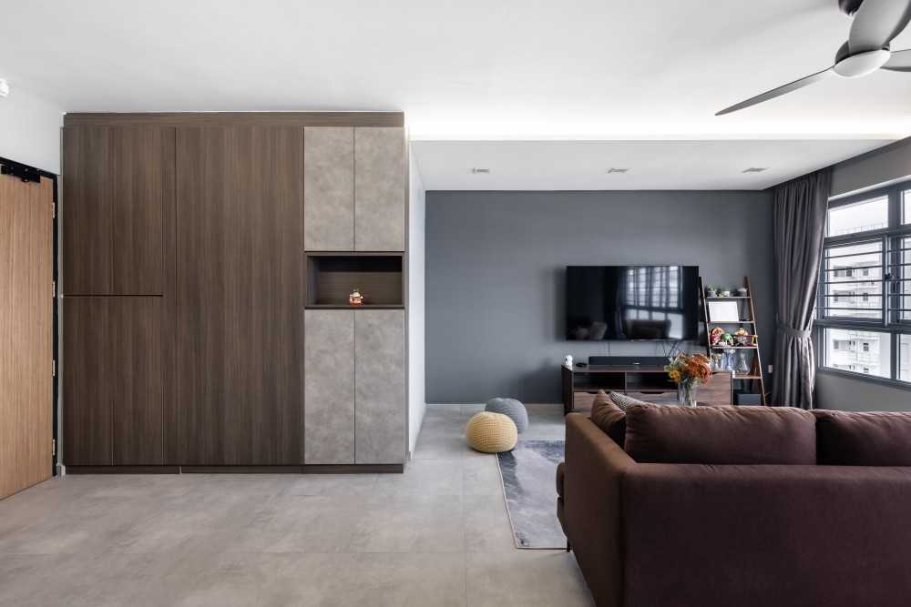 Industrial Living Room with TV Console and Downlights