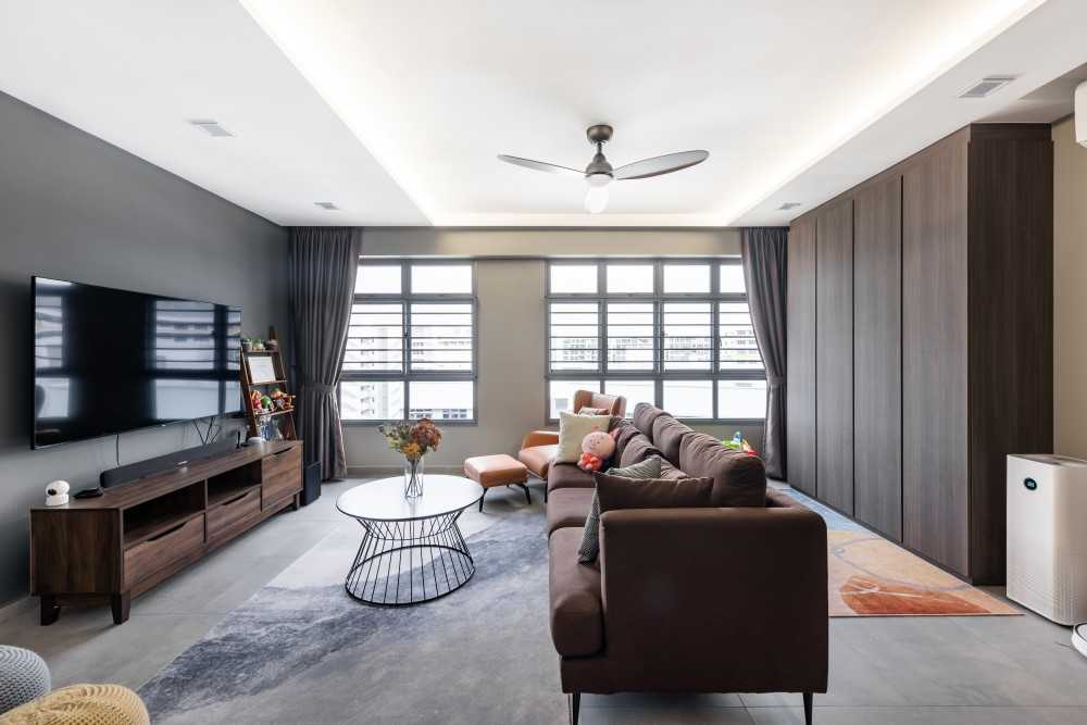 Industrial Living Room with Cove Lighting and Curtain