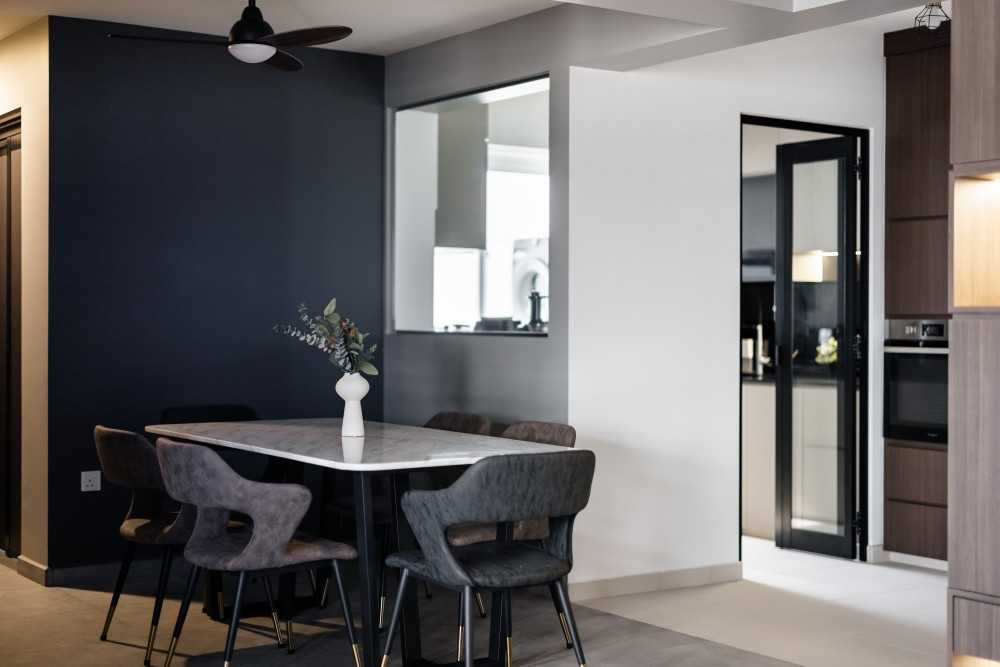 Industrial Dining Room with Glass Door and Ceiling Fan