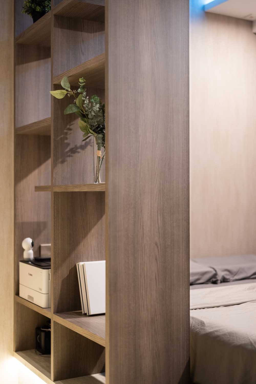 Transitional Bedroom with Wallpaper and Shelving Units