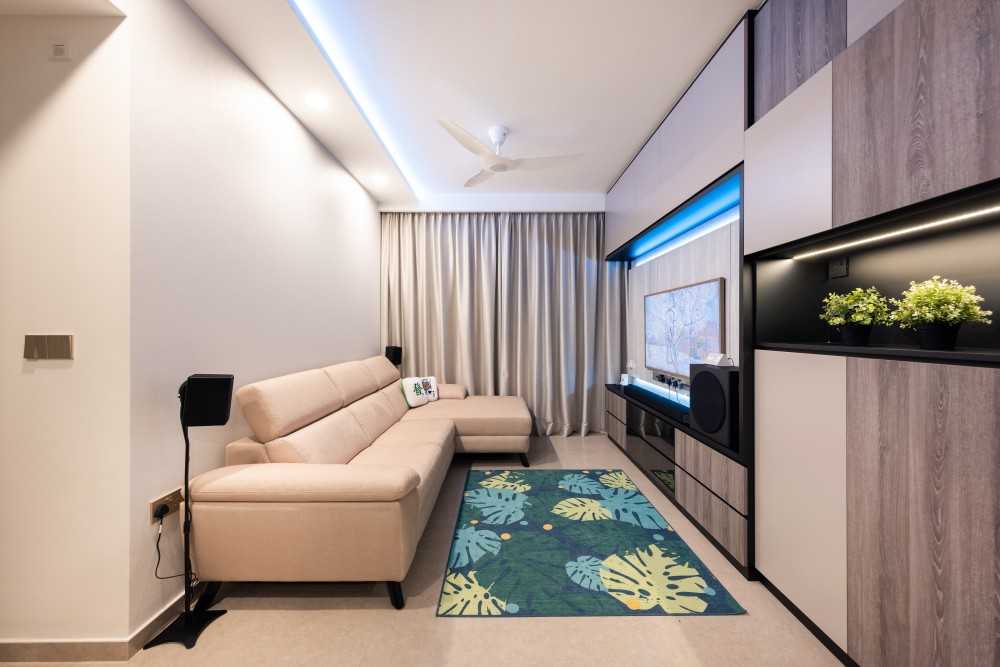 Transitional Living Room with Feature Wall and Carpet