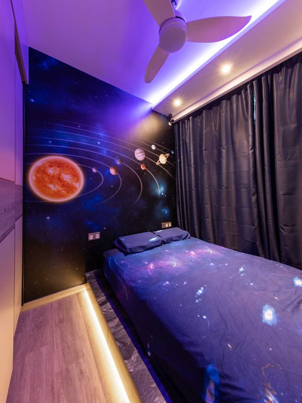 Transitional Bedroom with Wardrobe and Wallpaper