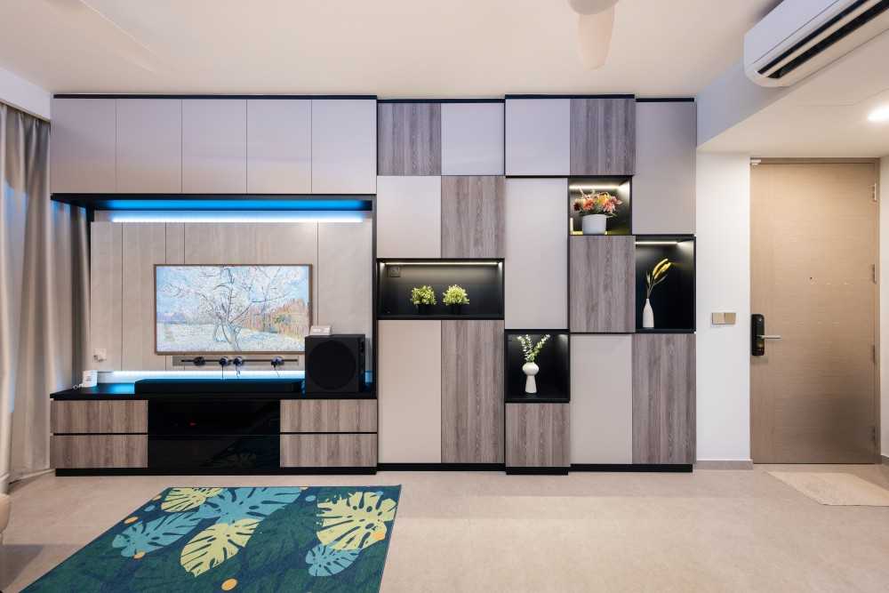 Transitional Living Room with TV Console and Feature Wall