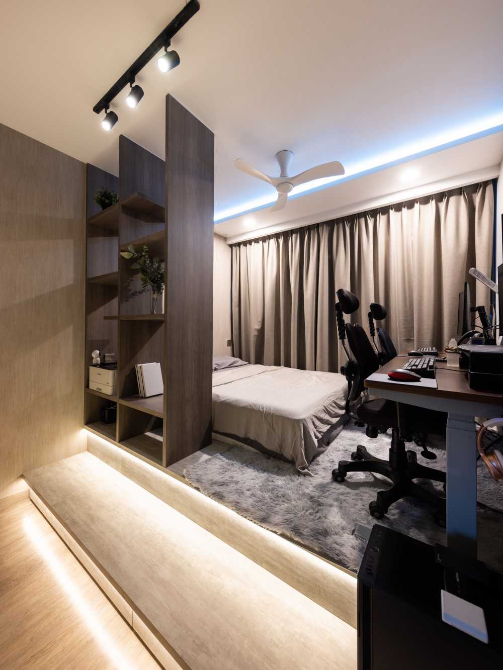 Transitional Bedroom with Display Cabinets and Queen Bed