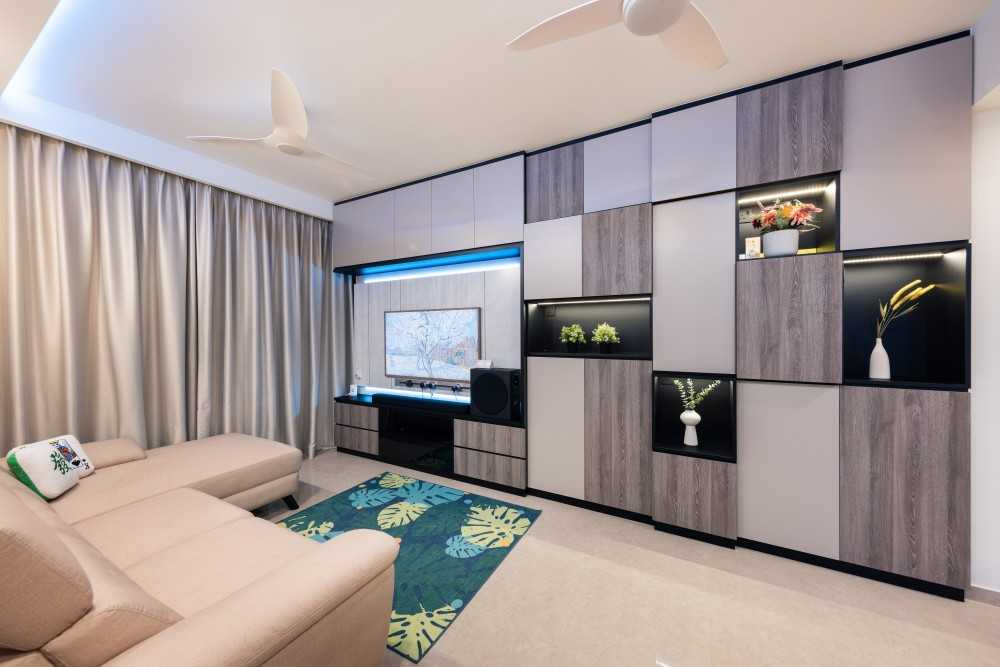Transitional Living Room with Feature Wall and Curtain