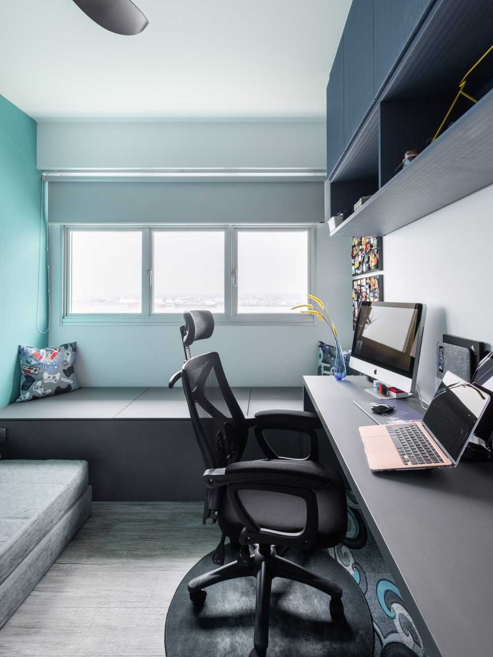 Modern Study with Bay Window and Desk Chairs