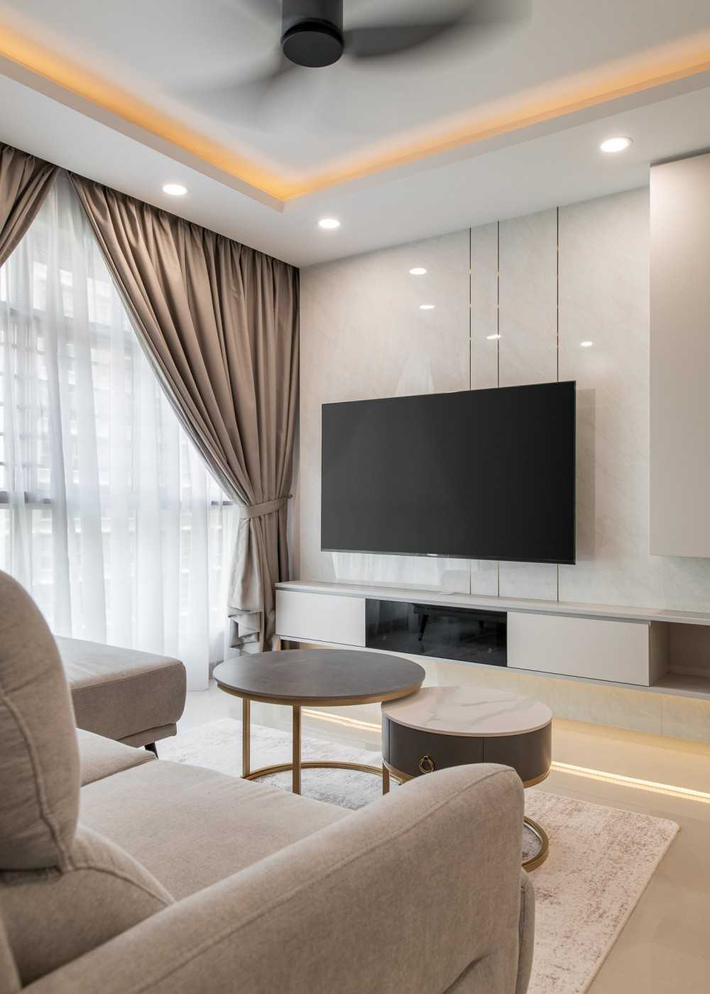 Contemporary Living Room with Homogeneous Tiles and Feature Wall