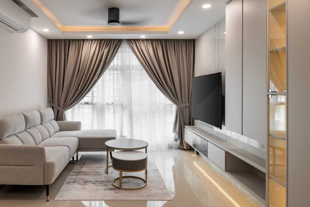 Contemporary Living Room with Bookshelf and Homogeneous Tiles