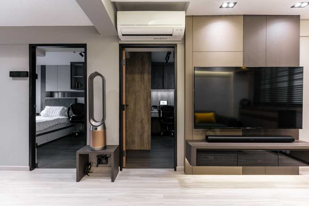 Contemporary Living Room with Vinyl Flooring and TV Console