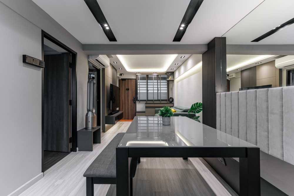 Contemporary Dining Room with Feature Wall and Downlights